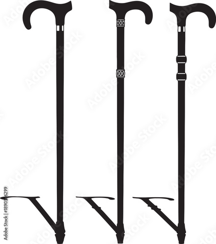 Three black walking canes with decorative handles and bands standing upright also transparent background