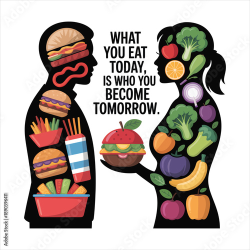 Illustrative comparison of healthy and unhealthy eating choices with a powerful motivational message