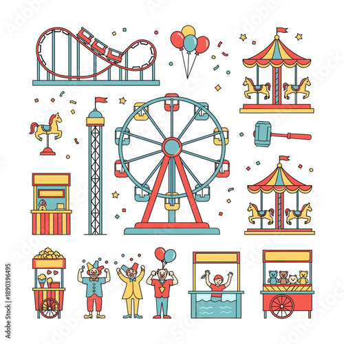 Amusement park Ferris wheel roller coaster carnival fair icons