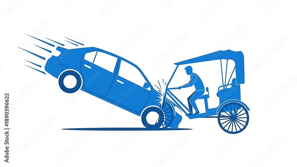 Naklejka premium Blue silhouette of car crashing into rickshaw with rider
