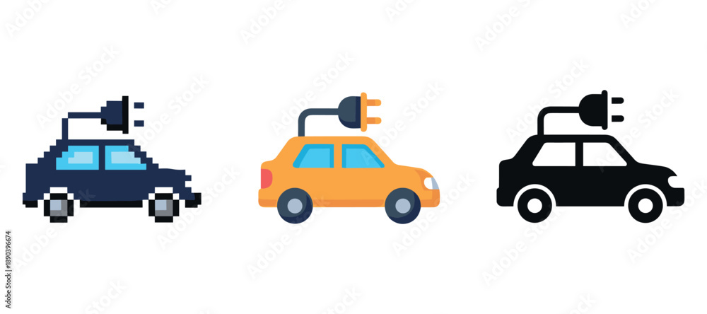 Fototapeta premium Evolution of electric car icons: pixel, flat, and silhouette designs