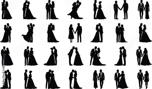 Collection of black wedding couple silhouettes in various poses black and white bride