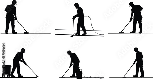 Floor cleaning worker silhouettes with equipment, industrial maintenance, occupational safety, hygiene services, janitorial crew, facility management, vector illustration
