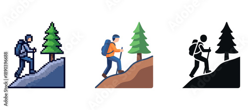 Pixel, cartoon, and silhouette styles of male hikers climbing uphill