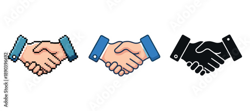 Pixelated and solid handshake icons showcasing unity and agreement