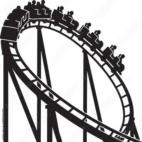 Dynamic silhouette of a thrilling roller coaster ascending a curved track with excited passengers