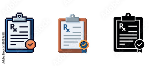 Prescription symbol icons: three variations of medical document design
