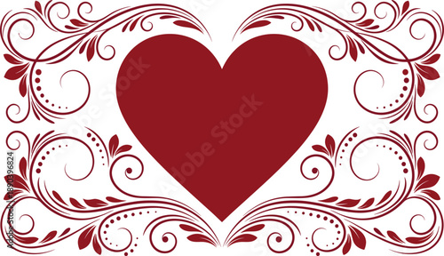 Deep red heart shape surrounded by swirling floral vine ornaments love romance