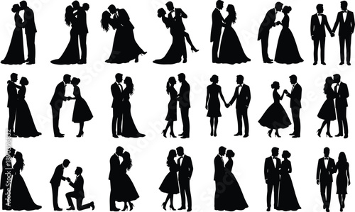Collection of black silhouettes of couples in wedding attire and formal wear black and white