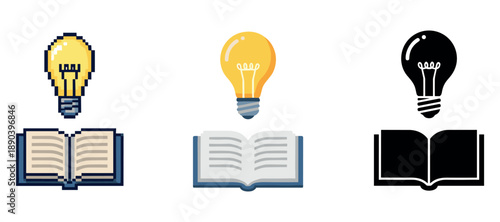 Pixelated and vector light bulbs with open books in different styles