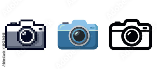 Three digital camera icons: pixelated, flat, and outline designs in blue and black