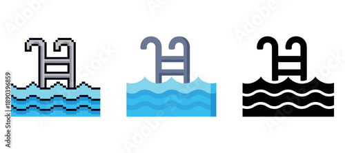 Pixelated and modern swimming pool ladder icons in three styles