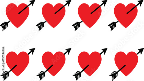 Eight red hearts pierced by black arrows arranged in two rows cupid arrow love