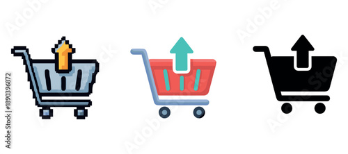 Arrow shopping cart icons: pixelated, flat, and silhouette designs
