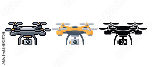 Pixel art drones trio: gray, yellow, black variations with cameras