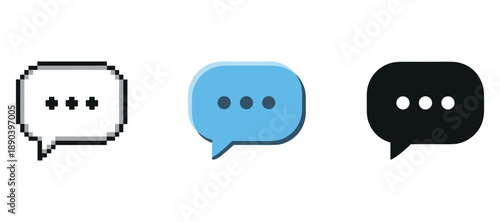 Speech bubble icons: pixelated, blue, black designs on white background