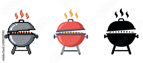 Pixel, red, and silhouette grills with flames on white background