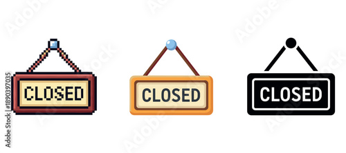 Set of closed signs in pixel, wooden, and simple styles