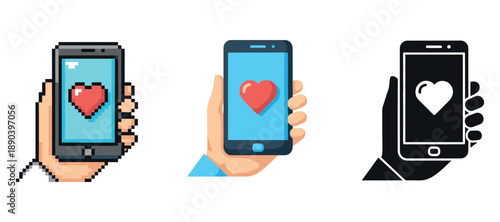 Hands holding smartphones with heart icons in pixel, flat, and monochrome styles
