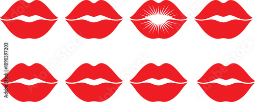 Eight Red Lips With One Kiss Symbol And Starburst Effect