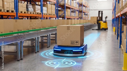 Autonomous Mobile Robot (AMR) Transporting Package in Smart Warehouse - Automated Logistics Concept
