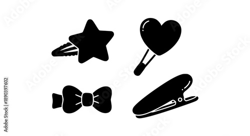 Minimalist Silhouette Set of Cute Hair Accessories Featuring Star Heart and Bow Themed Styling Clips
