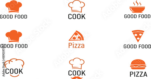 Food logo set with chef hat, pizza slice, burger icon, cooking symbol, restaurant design, kitchen emblem, delicious meal illustration
