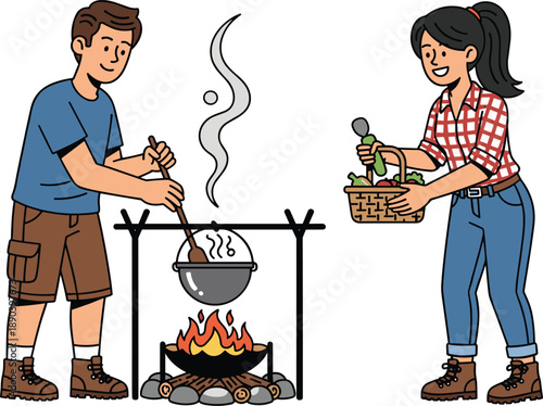 Forest cooking, outdoor campfire meal, wilderness lifestyle, hiking adventure, nature travel, friends cooking, fire pit, steaming pot, teamwork, vegetables