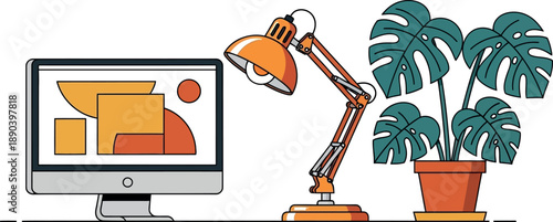 Modern workspace with computer, desk lamp, and potted plant