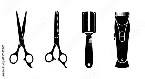 Collection of Professional Barber Equipment Including Hair Cutting Scissors Thinning Shears Razor and Electric Clippers
