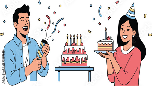 Happy birthday celebration illustration with man holding confetti popper, woman wearing party hat carrying cake, candles, festive decoration