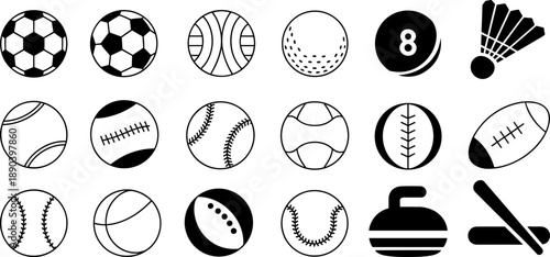 PrintSet of Eighteen Sports Ball Icon Silhouettes Including Soccer Basketball Tennis Baseball and Golf Elements Isolated on White for Athletic Branding Tournament Logos and Apps