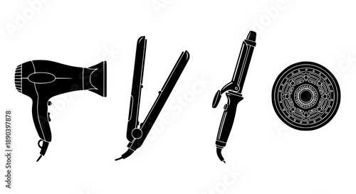 Collection of Professional Hair Styling Tools Including Hair Dryer, Flat Iron, and Curling Wand Silhouettes