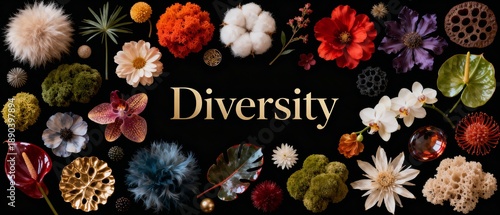 Wide banner with assorted flowers and decorative plants arranged artistically on a black background with a 'Diversity' sign   