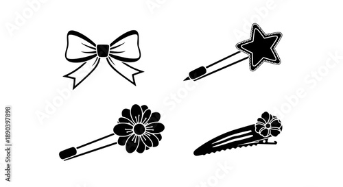 Set of Playful Silhouette Illustrations Featuring a Bow, Star Pin, and Floral Patterned Hair Accessories