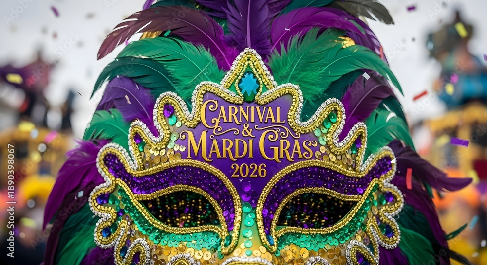 Obraz premium Carnival and mardi gras 2026 festive mask with feathers and sequins