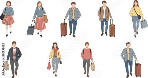 Watercolor People Illustration Set, Casual Men and Women Walking with Bags