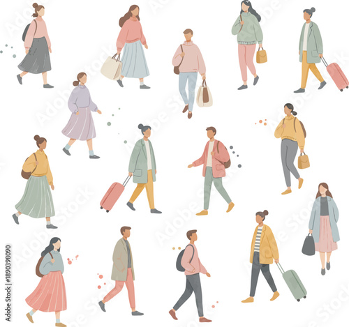Watercolor People Illustration Set, Casual Men and Women Walking with Bags
