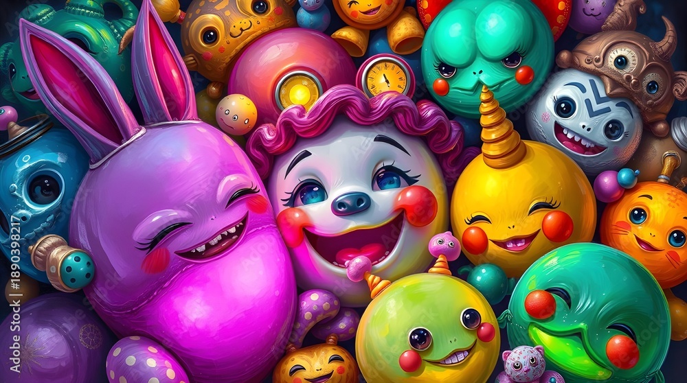 Fototapeta premium A vibrant Surreal Silliness scene featuring cartoon characters, emojis, and playful creatures in a whimsical environment as seen in gh (10).jpg