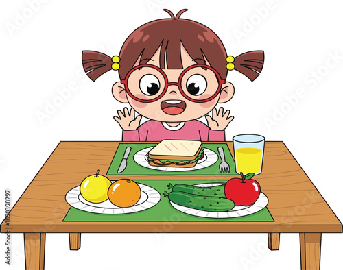 Happy child, healthy meal, cartoon illustration, balanced diet, vegetables, fruits, sandwich, juice, lunch table, nutrition, kids, eating, smile, joyful, food, school 