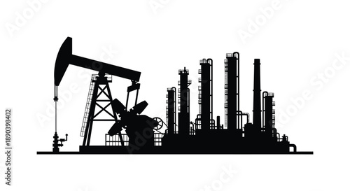 An industrial landscape featuring oil pumps and refinery towers presented as a striking black silhouette high quality professional detailed modern elegant