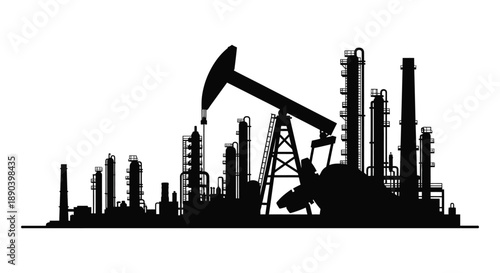 A stark black silhouette depicts an oil refinery and pumpjack against a white background showcasing industrial infrastructure silhouette high quality professional