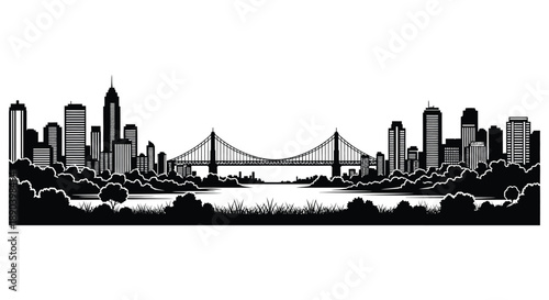 A striking black and white cityscape featuring a bridge and waterfront presented in a detailed silhouette high quality professional modern elegant