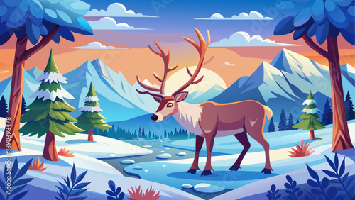 Vector illustration of a reindeer in a snowy forest landscape