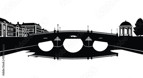 A striking black and white silhouette of a bridge over water framed by buildings and a dome presents a classic cityscape silhouette