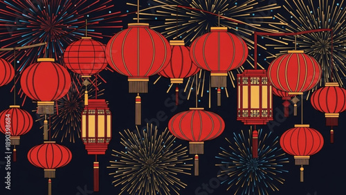 Traditional red Chinese lanterns and fireworks illuminate the night sky celebrating festive occasions and cultural events vector illustration