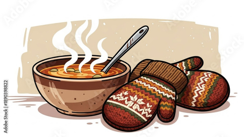 Cozy bowl of hot soup with steam and patterned mittens perfect for winter comfort food and seasonal themes isolated on beige background