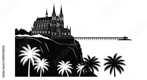 A dramatic coastal scene featuring a gothic castle palm trees and a pier rendered as a striking silhouette high quality professional