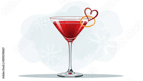 Red cocktail in a martini glass with heart garnish perfect for romantic celebrations and bar menus isolated on a winter background