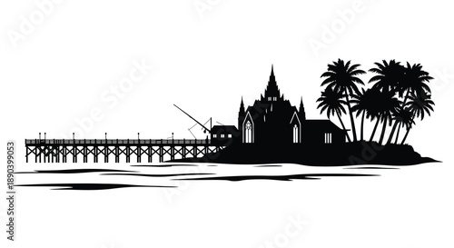 A striking black silhouette depicts a coastal scene featuring a church pier palm trees and ocean waves silhouette high quality professional